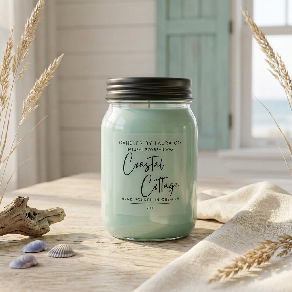 16 oz Coastal Cottage candle with the matching slimmer black lid