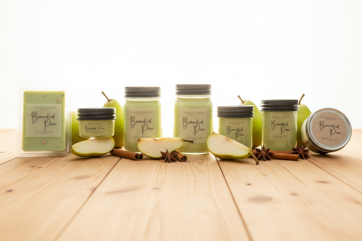 Brandied Pear Full Lineup - Fresh Pears Warm Wood Autumn Props