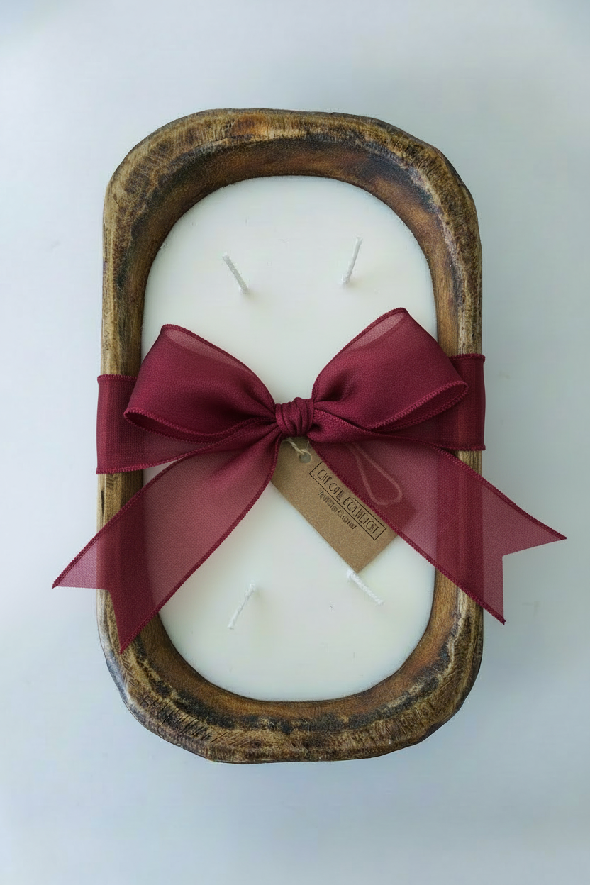 Brown dough bowl with burgundy Christmas bow