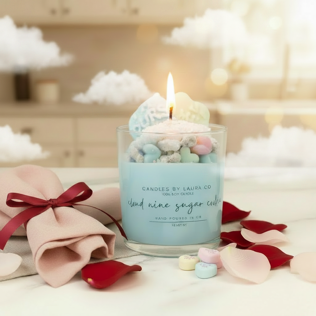 Cloud Nine candle scene with soft cloud accents