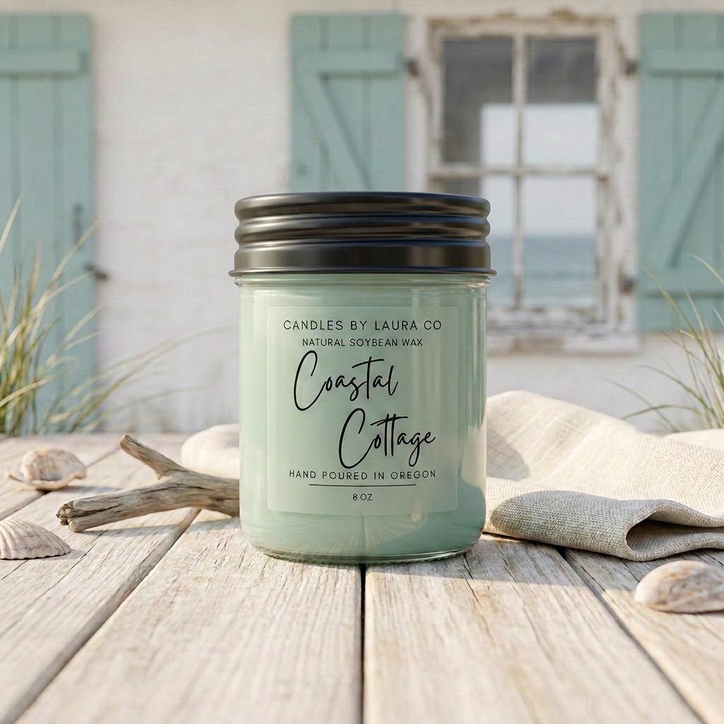 Coastal Cottage candle with a heavier black screw-top lid