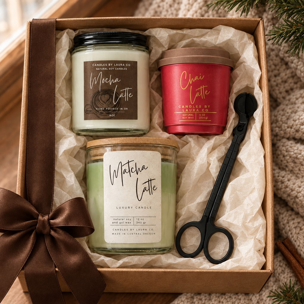 Cozy winter gift box with brown satin bow