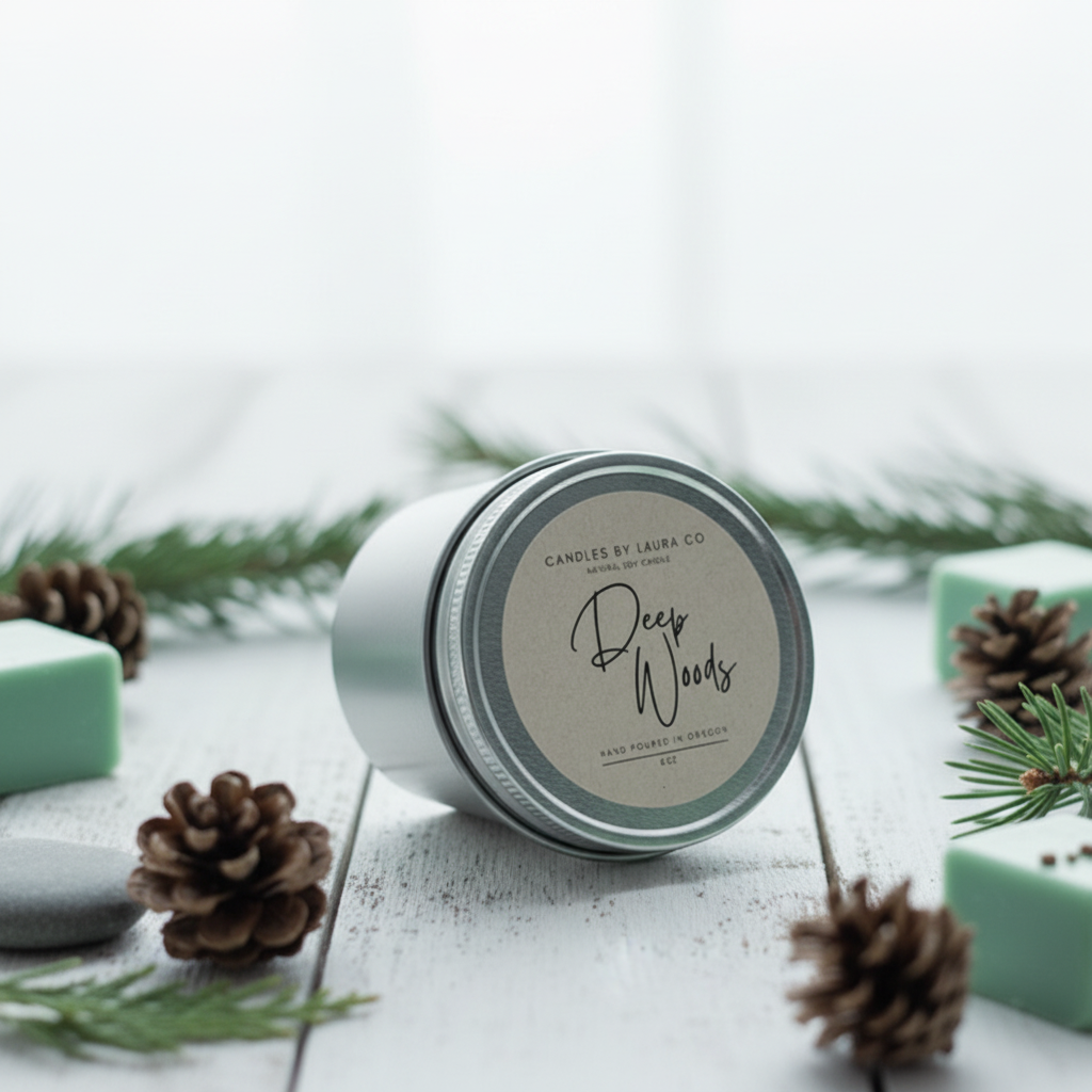 Deep Woods gift tin on whitewashed wood with pinecones and evergreen