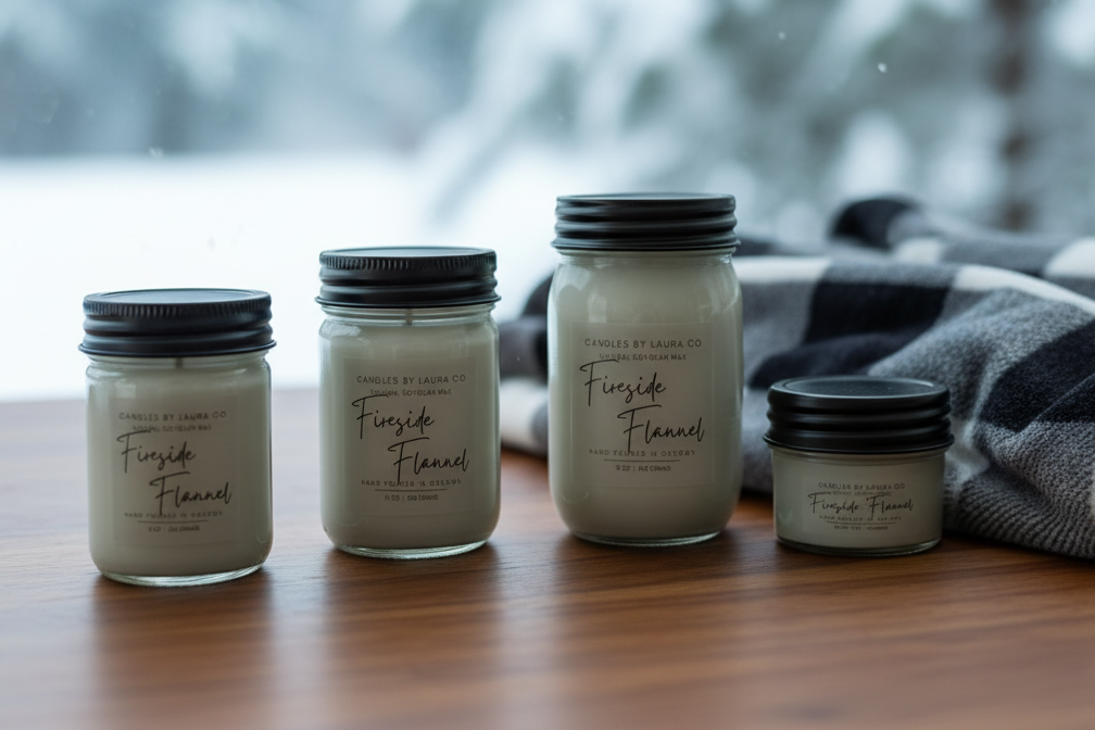 Fireside Flannel jar candle group standing on one winter surface
