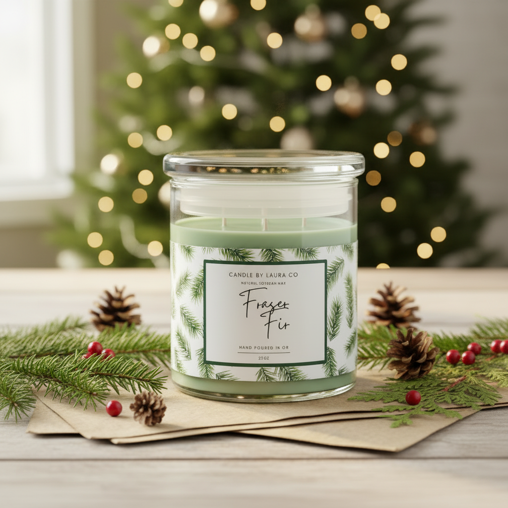 Fraser Fir candle with Christmas tree and kraft paper
