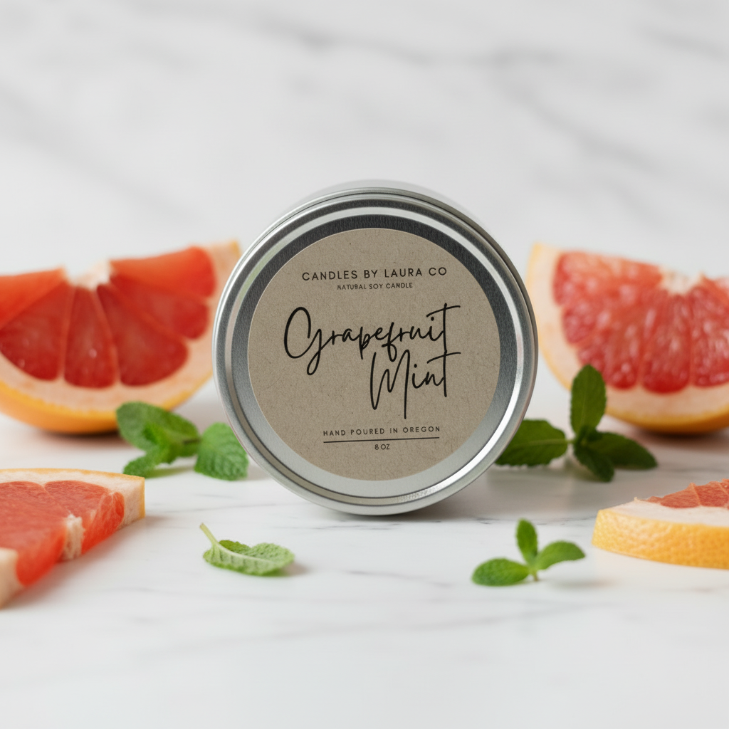 Grapefruit Mint gift tin propped upright on pale marble