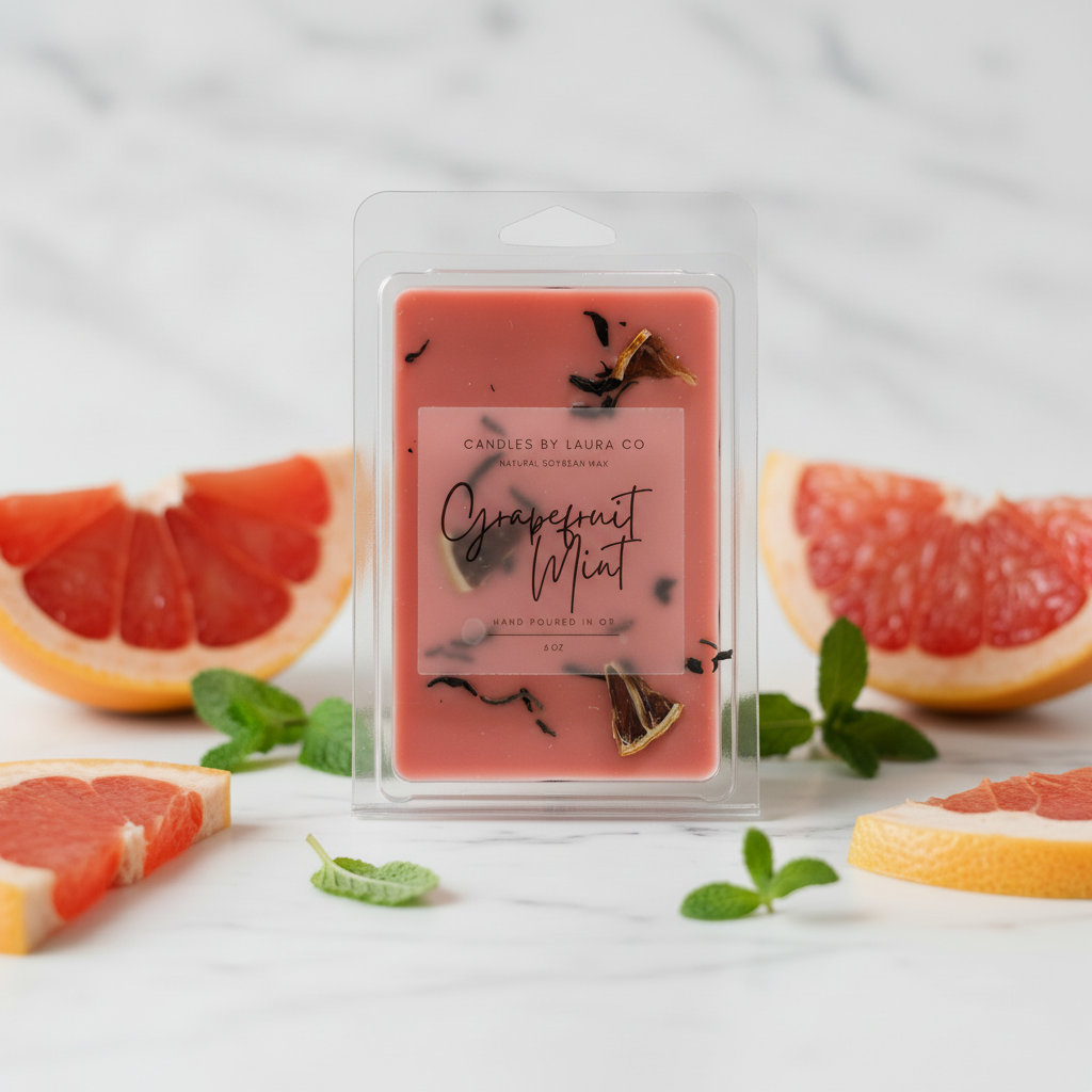 Grapefruit Mint wax melt propped upright on pale marble