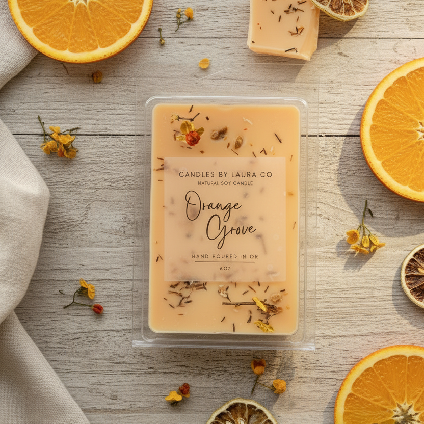 Orange Grove wax melt cubes scattered on white surface with dried citrus slices and yellow wildflowers