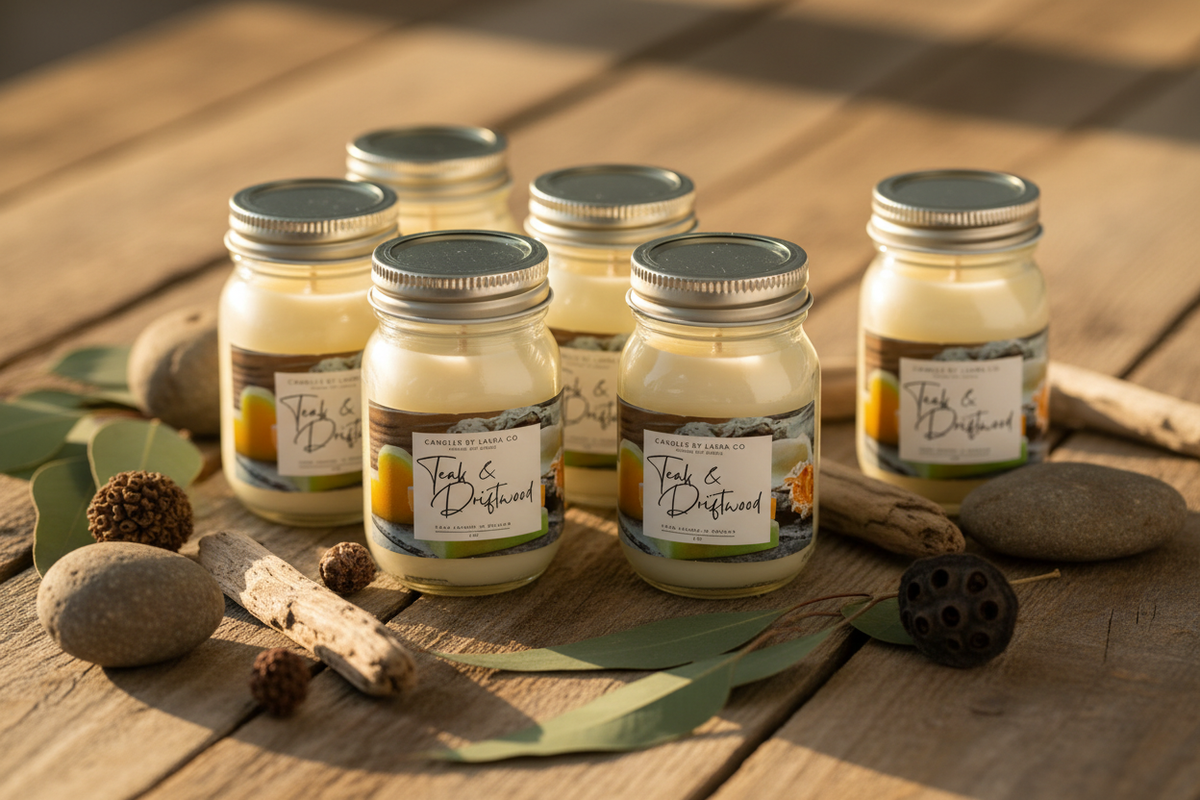 Teak & Driftwood 2 oz Mini Mason Candles – Set of 6