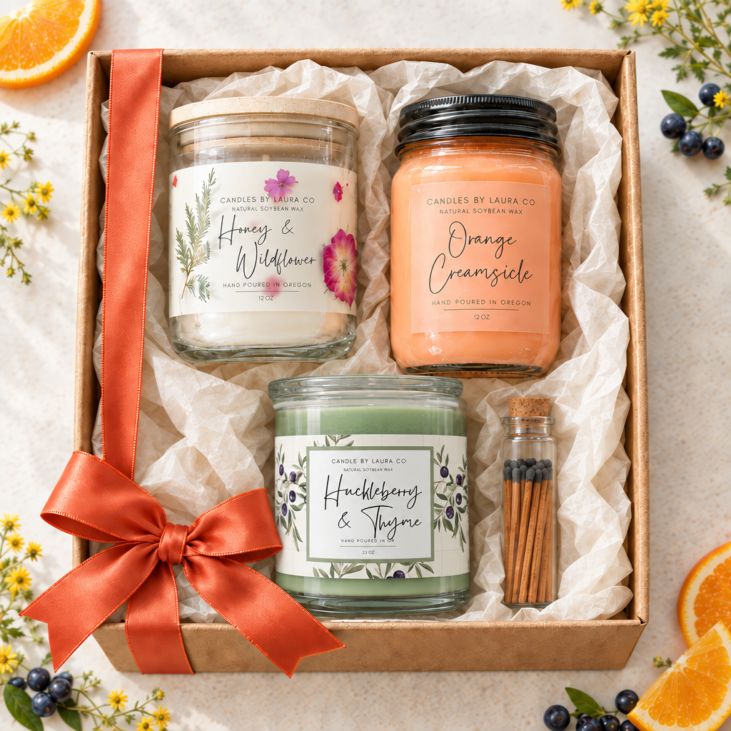 Summer gift box with Honey and Wildflower, Orange Creamsicle, lidded Huckleberry and Thyme candle, and bottle of matches