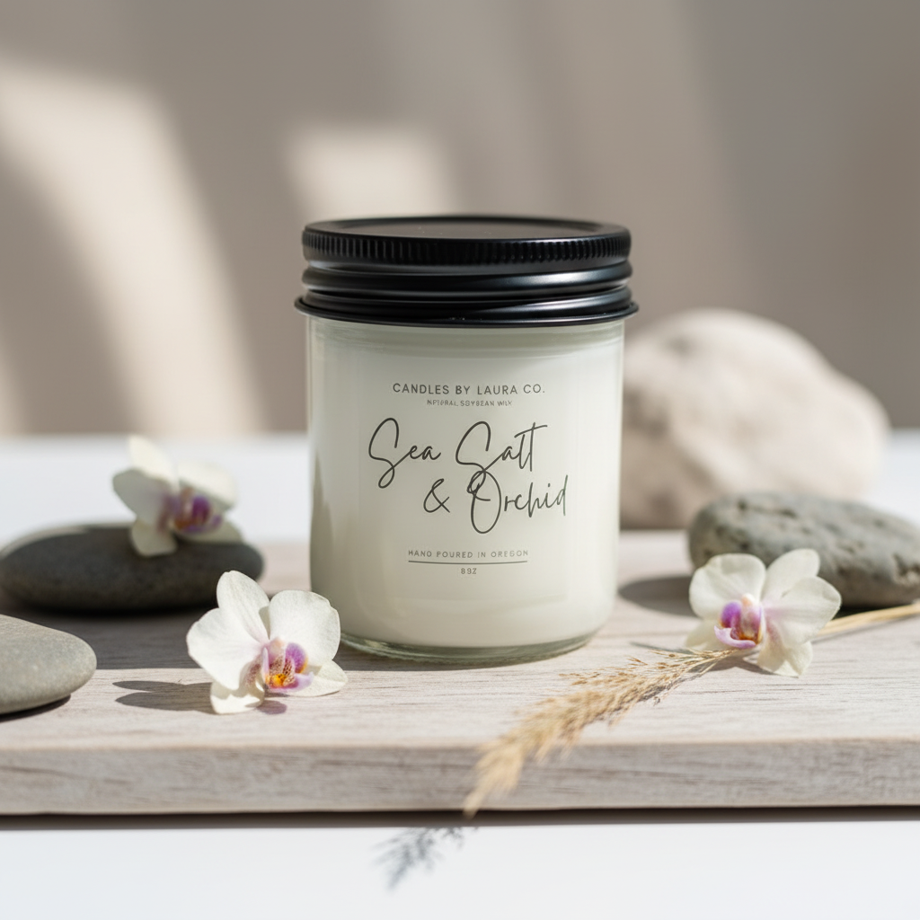 Sea Salt and Orchid soy jar candle styled with coastal stones and dried orchid blooms