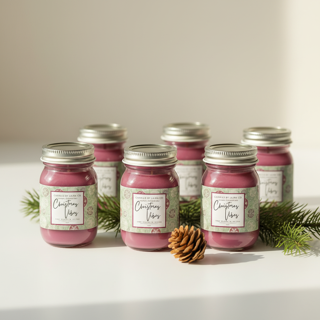 Six Christmas Vibes mini mason jar candles with silver ribbed lids standing upright on a white surface, styled with evergreen sprigs and a pinecone in warm natural light