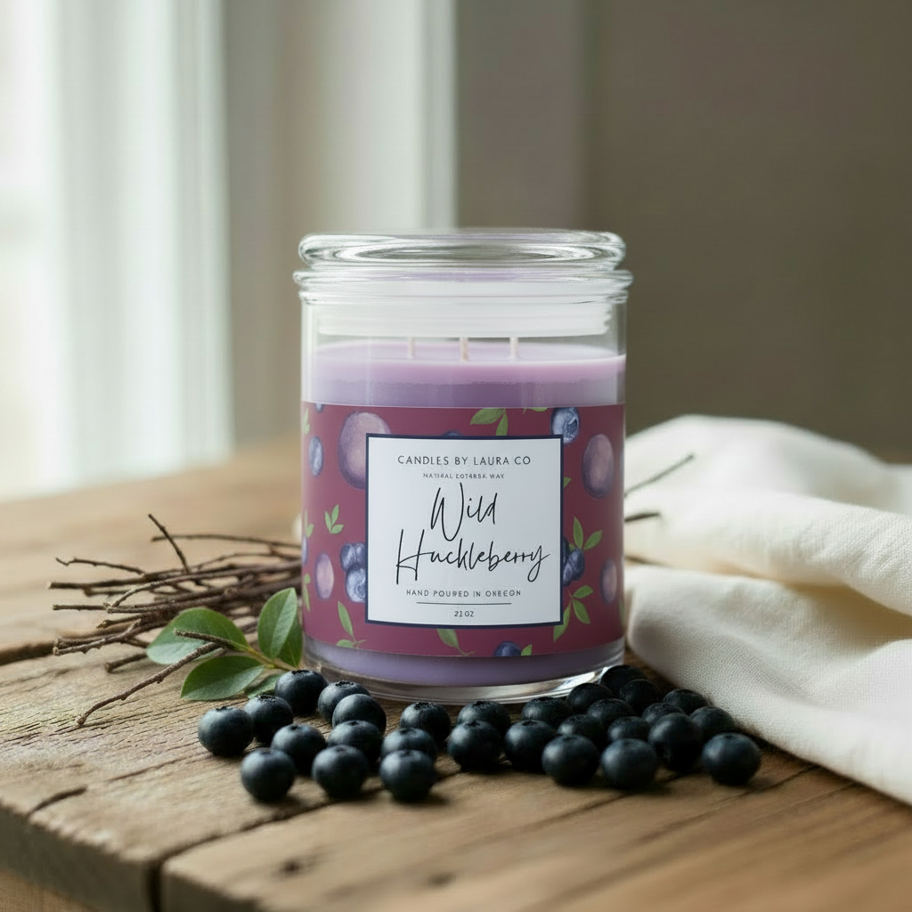 Wild Huckleberry three-wick candle standing on a rustic wood surface with blueberries and cream linen