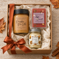 Square fall gift box with Pumpkin Pie Latte candle, Apple Harvest wax melt, Cinnamon Chai candle and rust ribbon