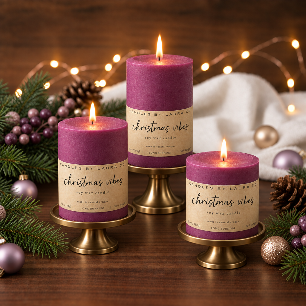 Lit purple christmas vibes pillar candles on brass stands