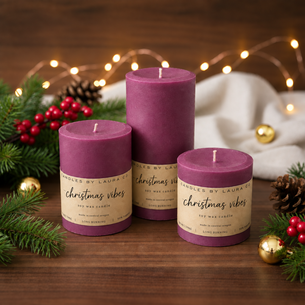 Purple pillar candles with lowercase christmas vibes labels