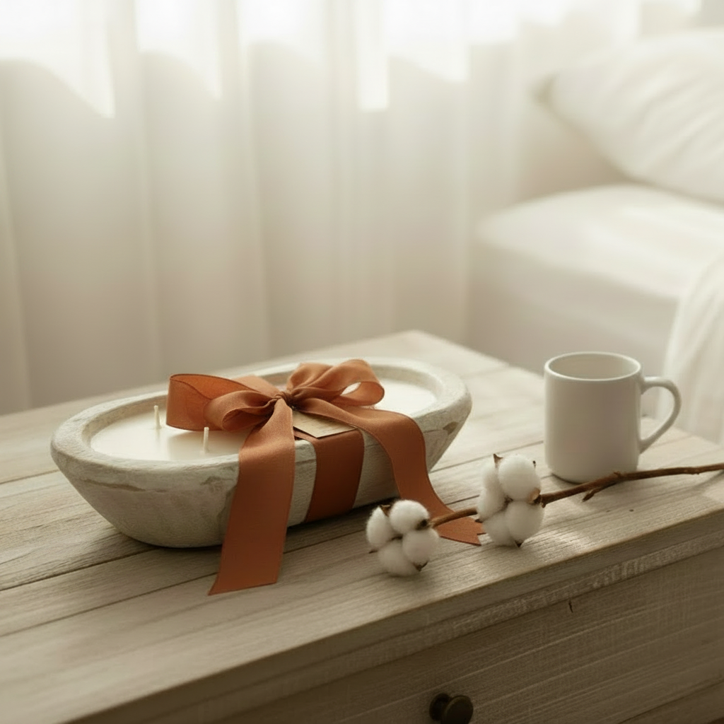 Rust-colored sheer frayed ribbon on the candle