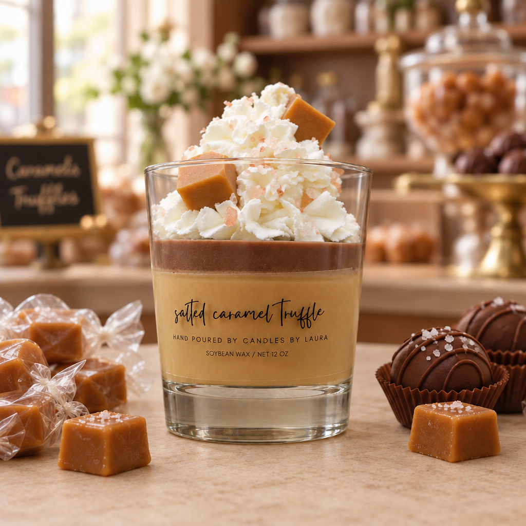 Salted Caramel Truffle candle with softer lighting and reduced shine