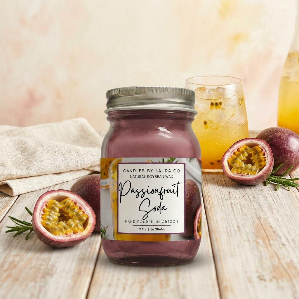 Single Passionfruit Soda mini in a fresh passionfruit-and-sparkling-soda setting