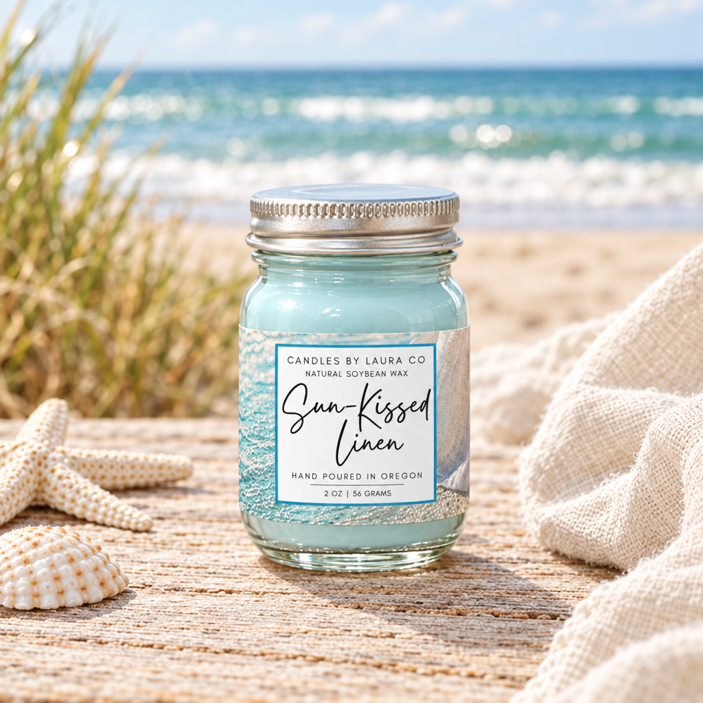 Single Sun-Kissed Linen mini candle in the matching beachside scene