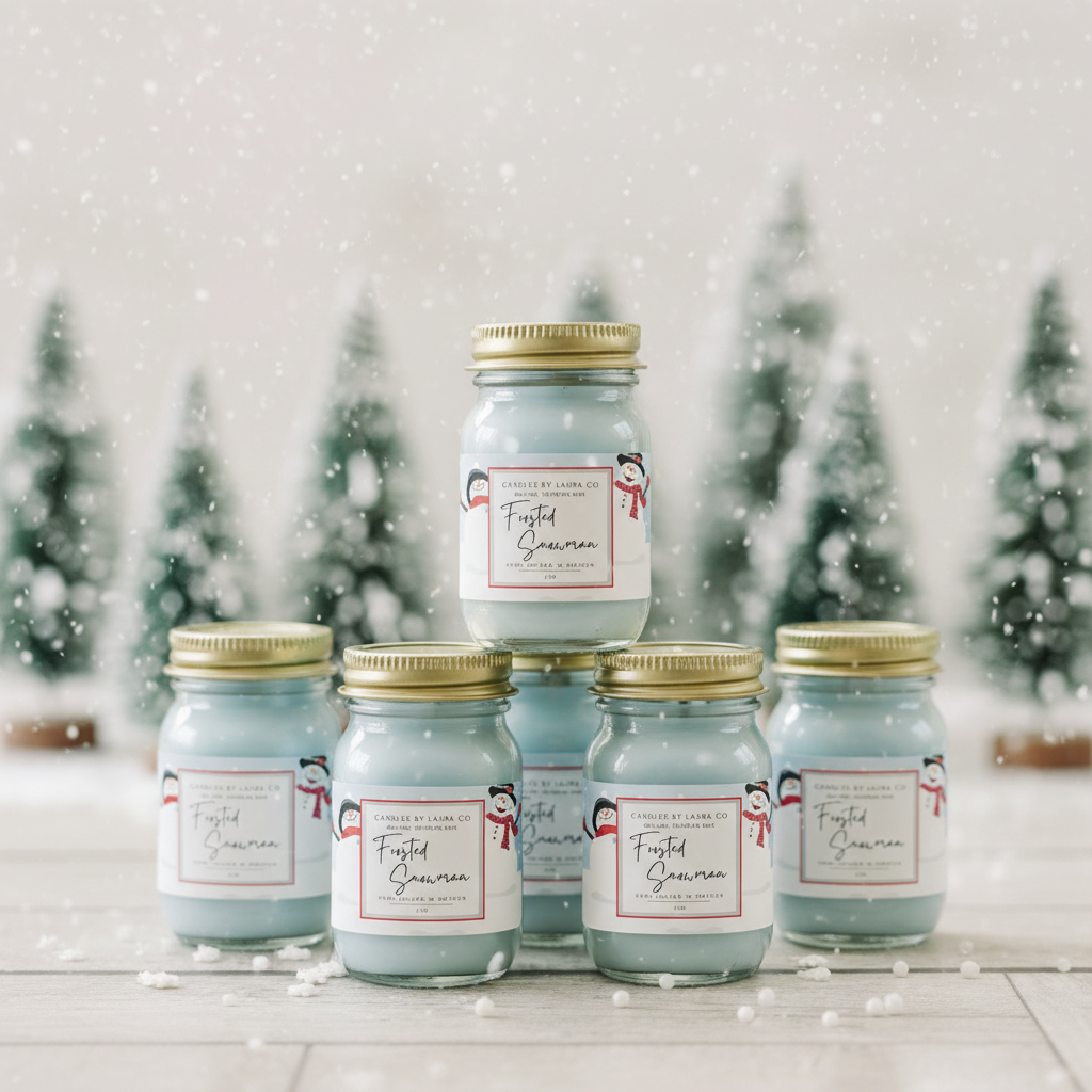 Six Frosted Snowman mini mason jar candles with gold lids standing upright on a wood surface in front of a snowy winter forest scene