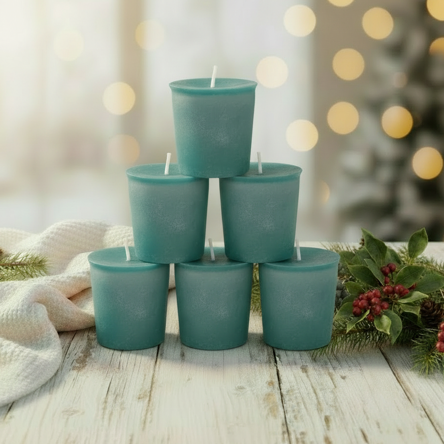 Six green-teal Bayberry & Pine votives without cinnamon sticks