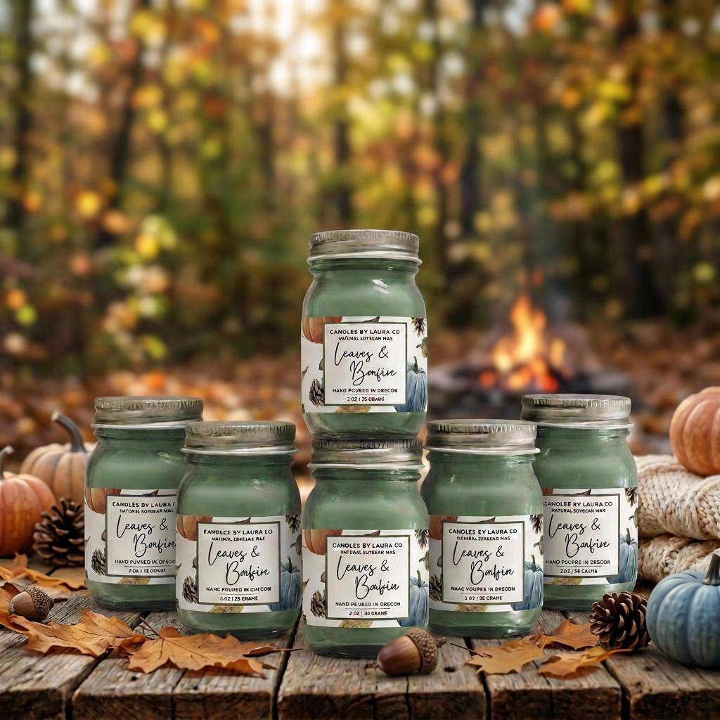 Leaves & Bonfire Mini Mason Jar Candles – Set of 6