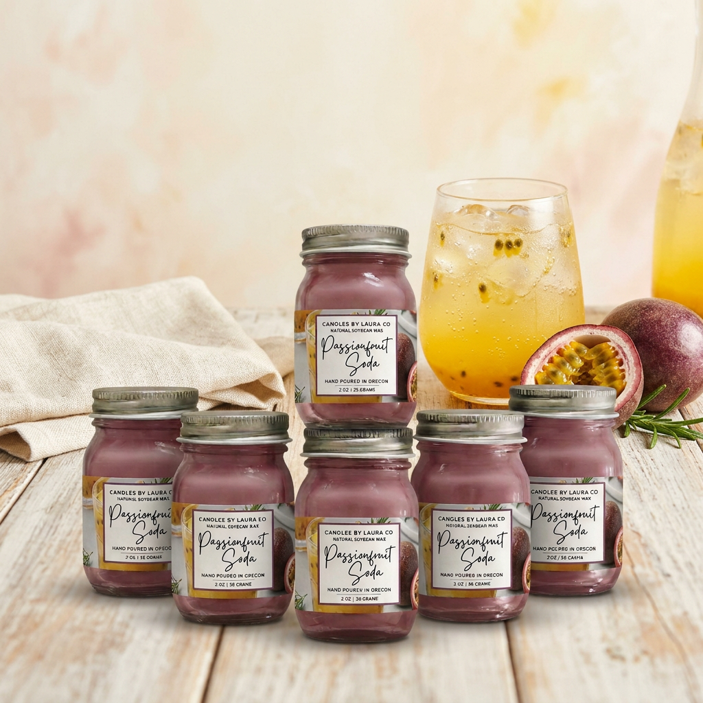 Six Passionfruit Soda minis in a bright fruit-and-sparkling-soda setting