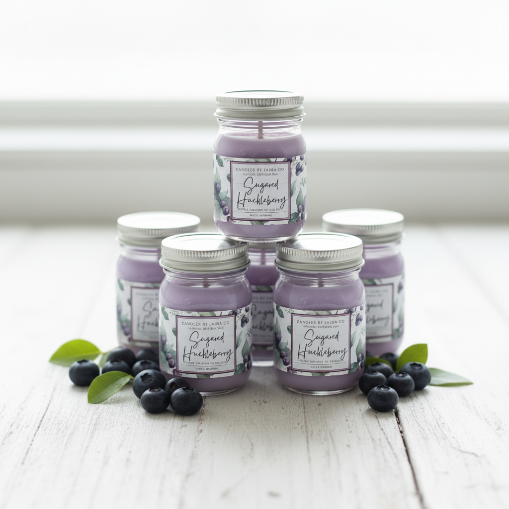 Six Sugared Huckleberry mini mason jars on whitewashed wood