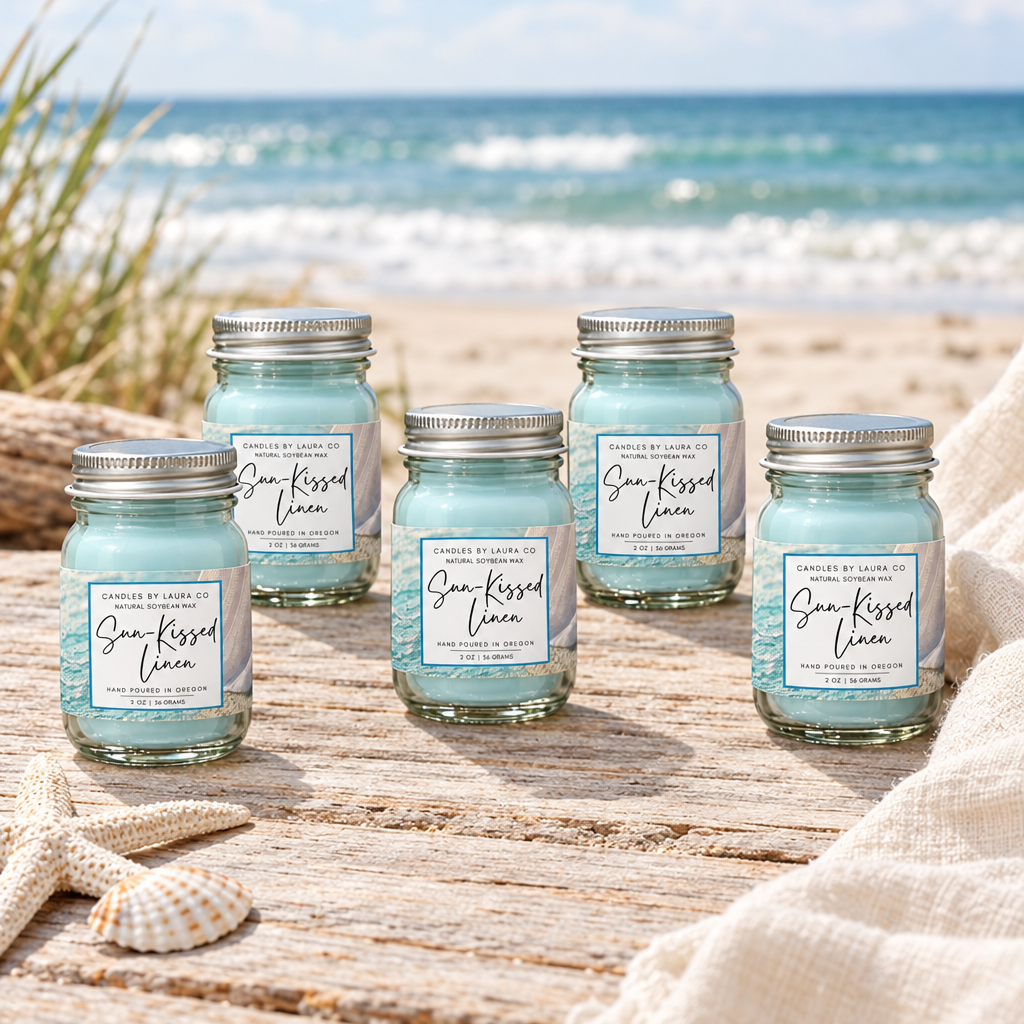 Six Sun-Kissed Linen mini candles standing upright on a beachside tabletop