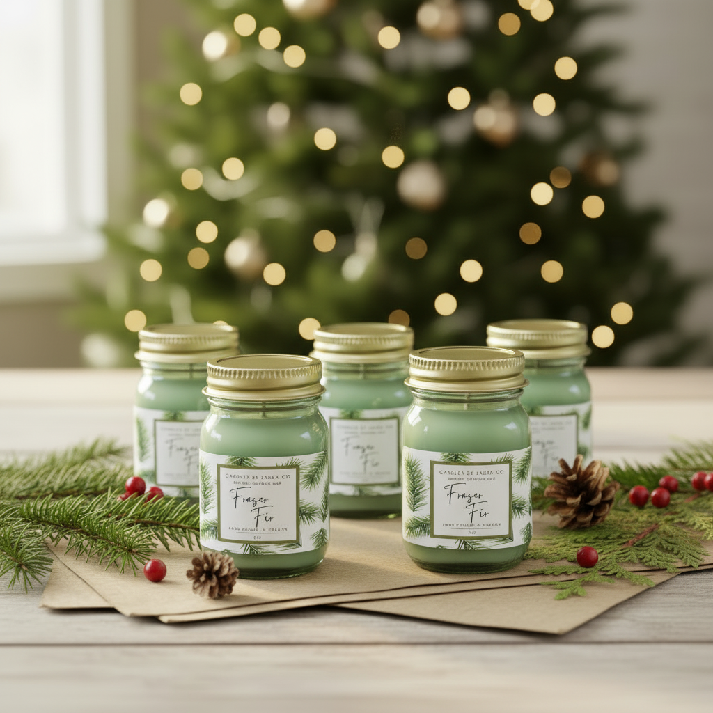 Six upright Fraser Fir mini mason candles on a holiday surface