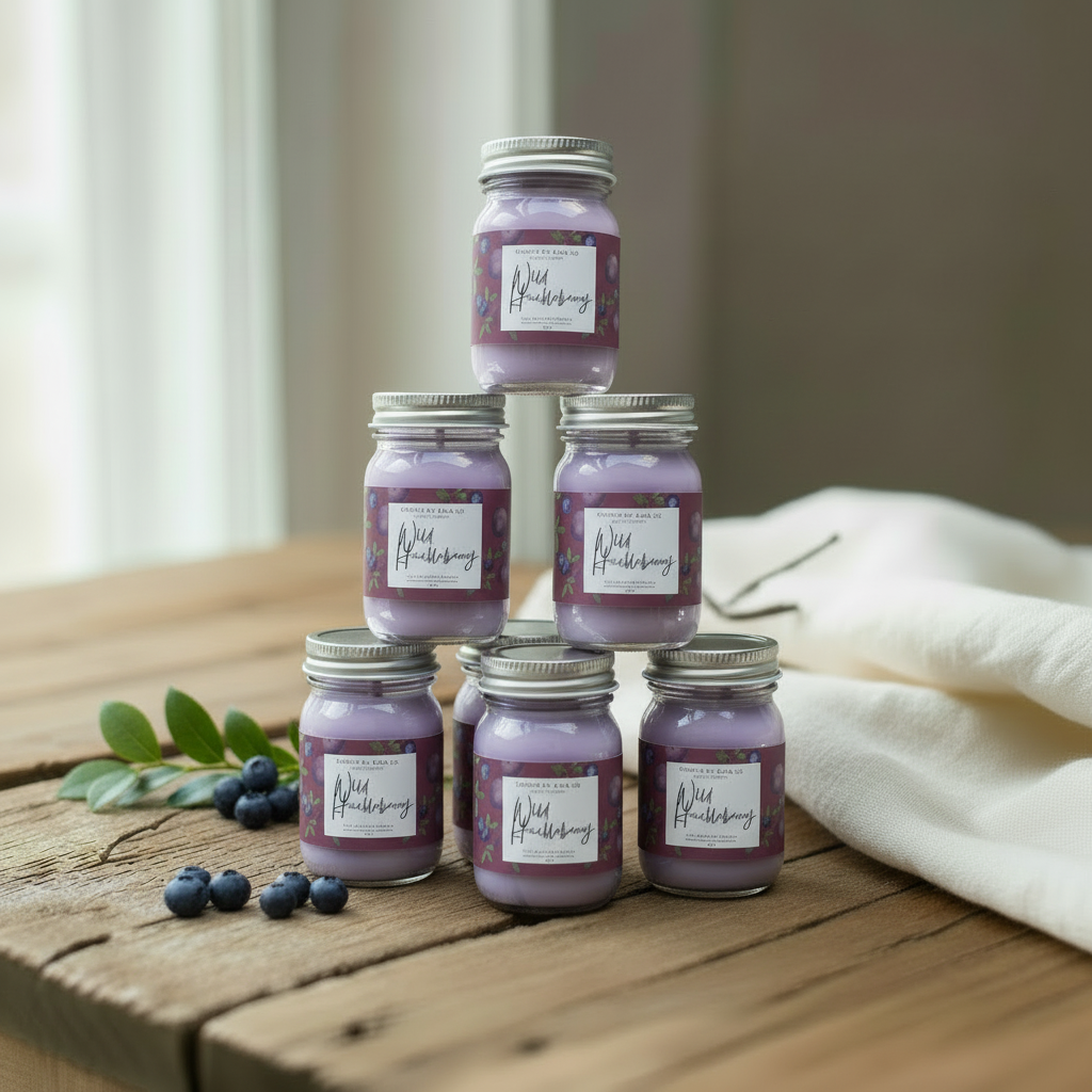 Six Wild Huckleberry mini mason jars in the three-wick lifestyle setting