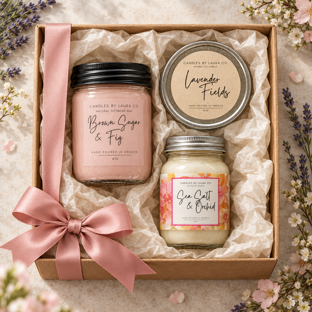 Spring gift box with three candles and blush satin ribbon