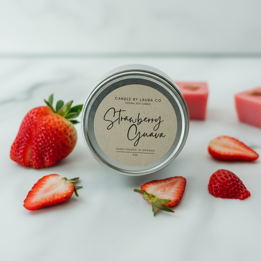 Strawberry Guava Gift Tin - On Rim Strawberries Pink Wax Cube Marble