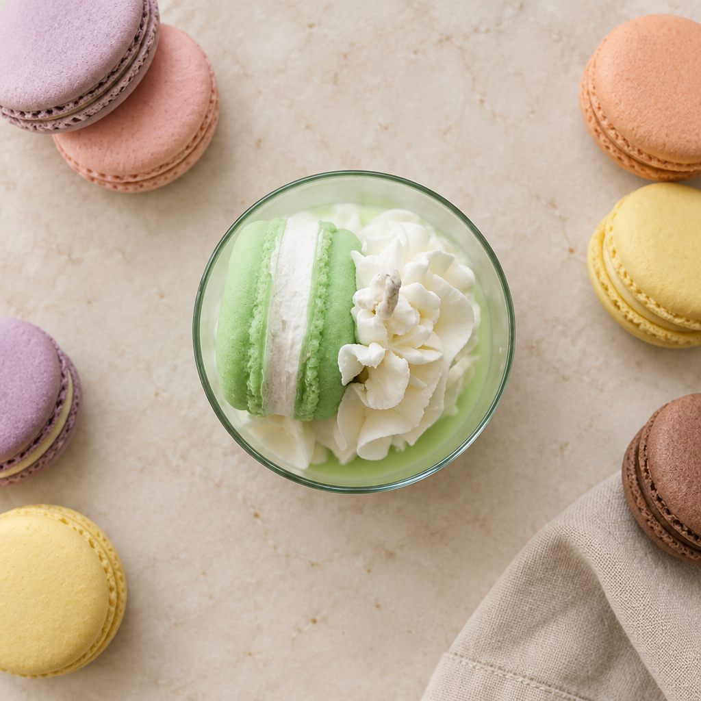 Top-down green macaron candle