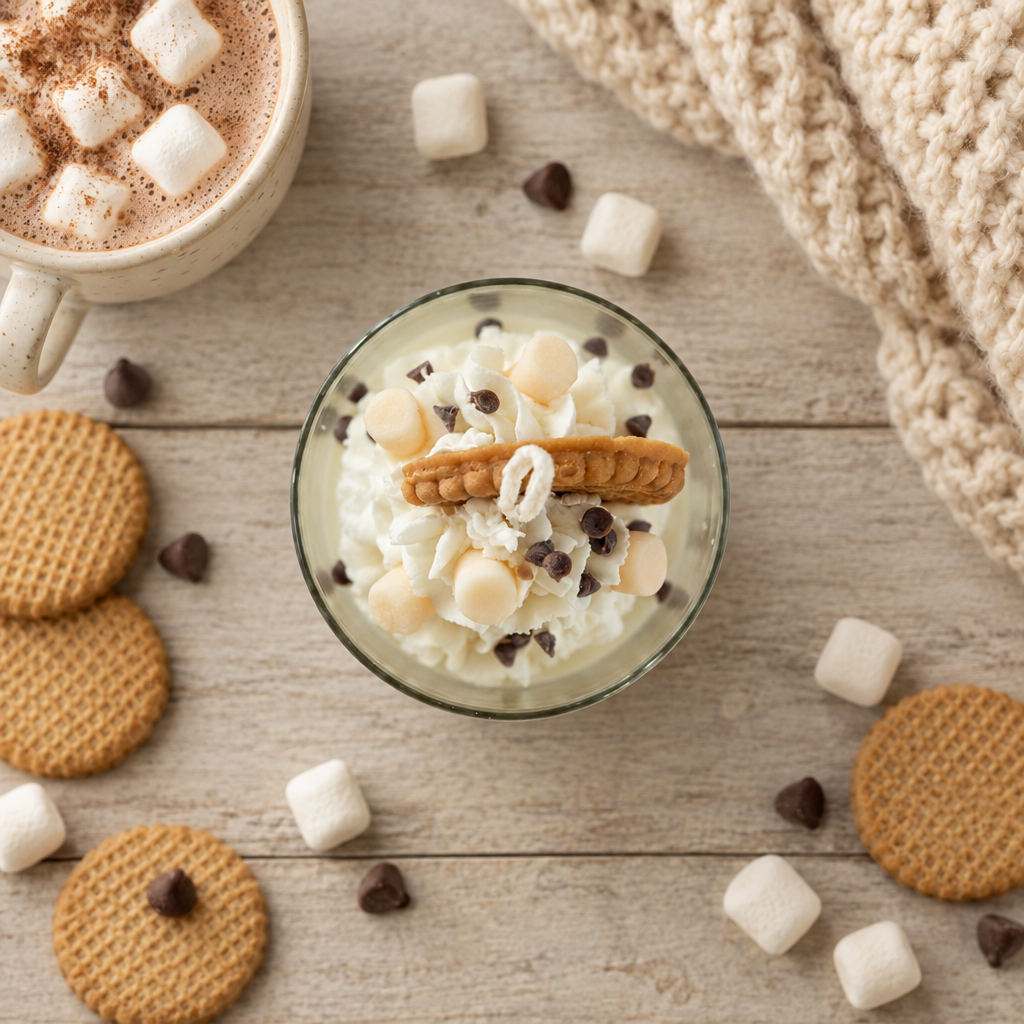 Top-down hot cocoa candle in a cozy cocoa setting