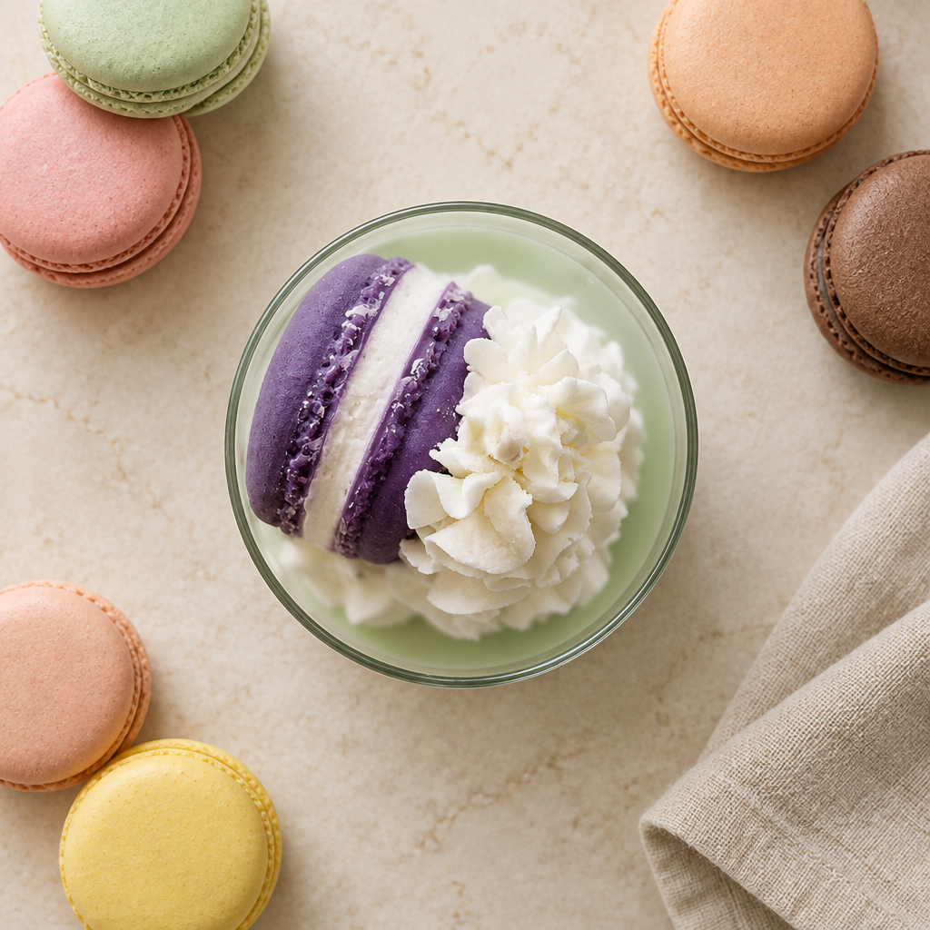 Top-down purple macaron candle
