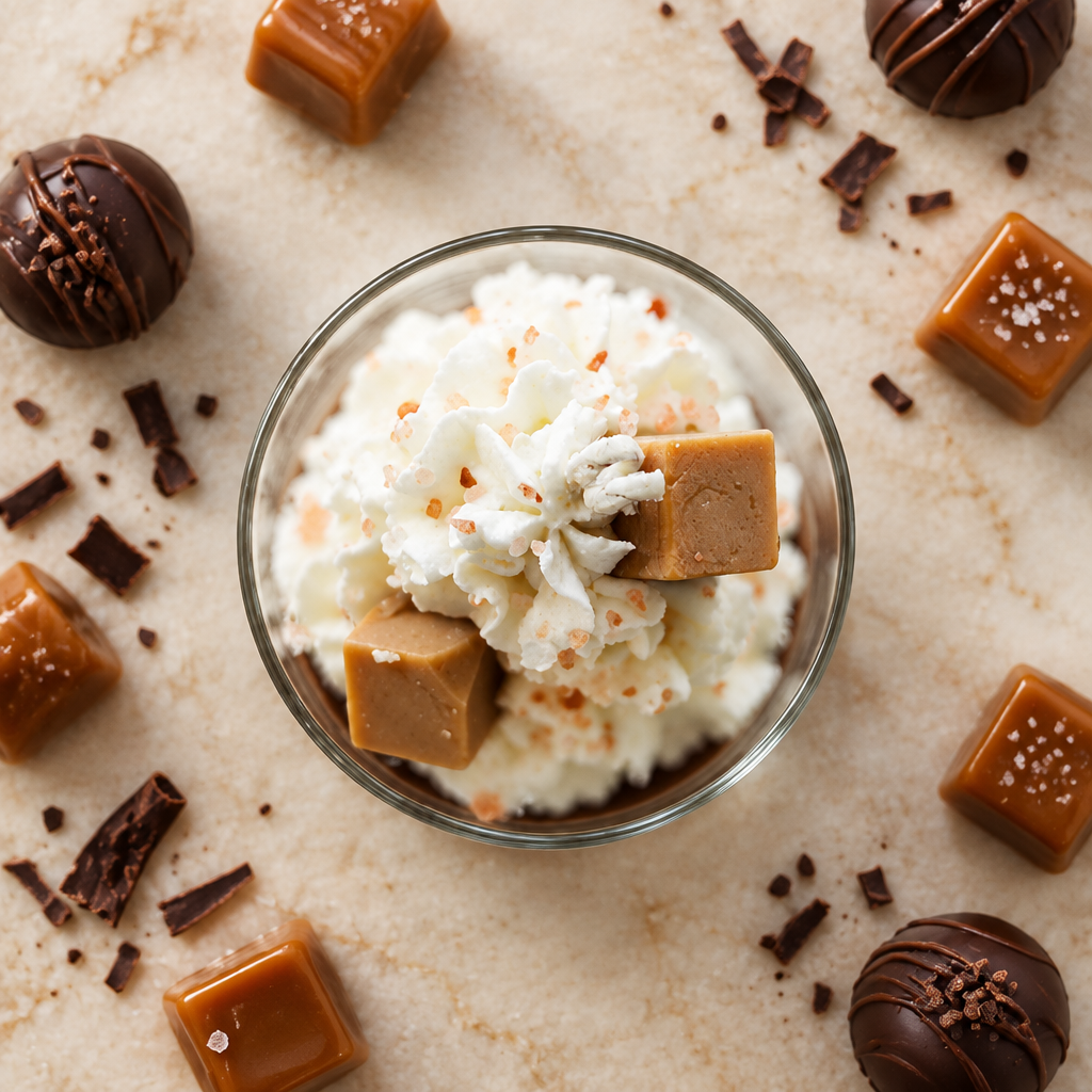 Top-down Salted Caramel Truffle candle candy-shoppe flat lay