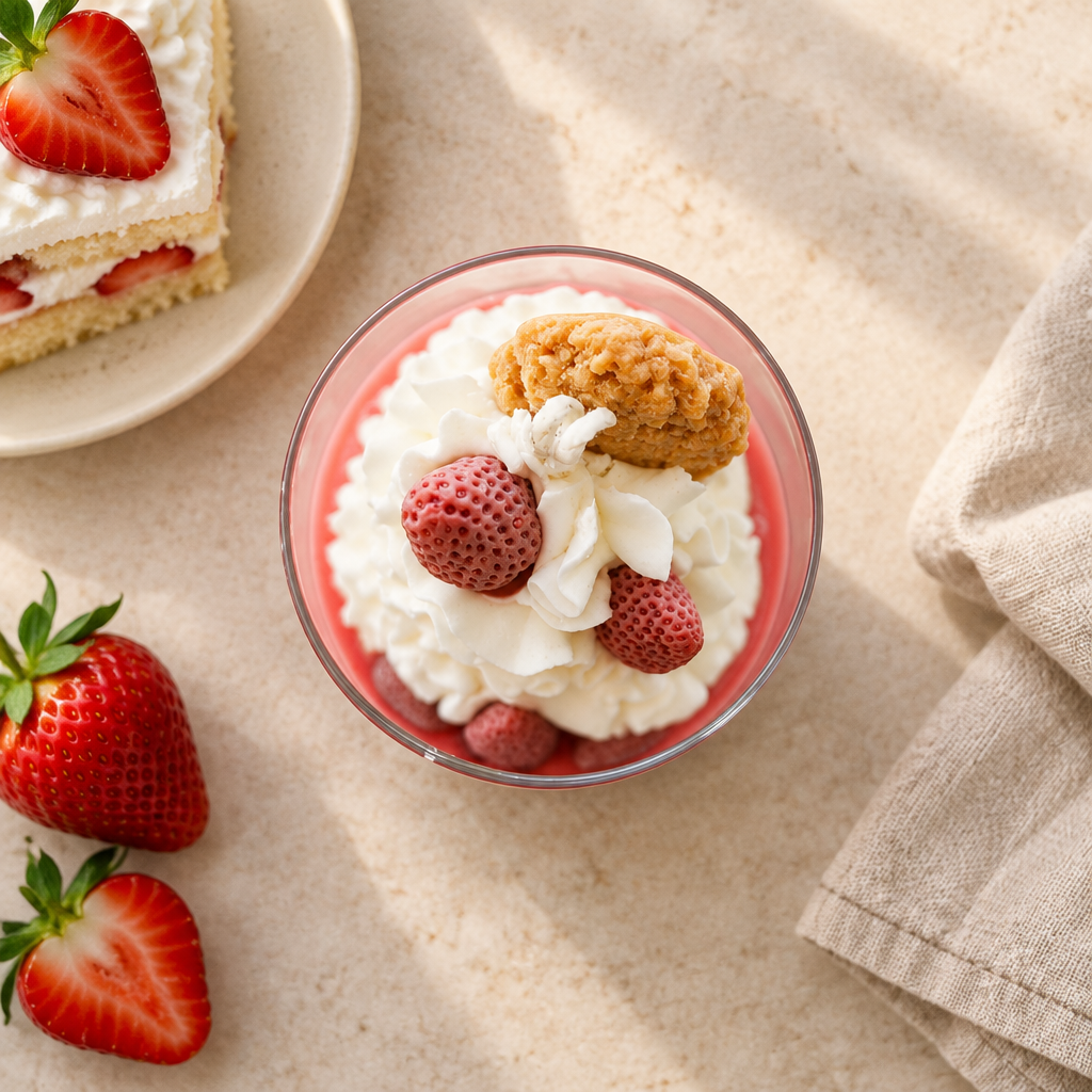 Top-down strawberry shortcake candle with cake and strawberries