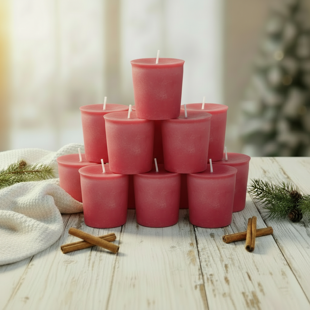 Twelve cranberry-red votives in the cozy winter scene